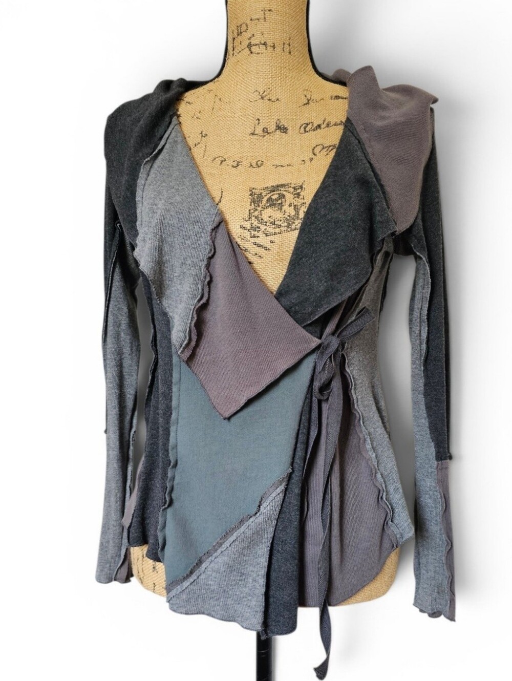 Anthropologie Tiny Patchwork Wrap Cardigan Boho Raw Edge Gray Tones, Size S